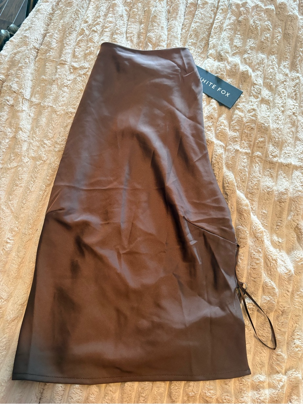 White fox backless brown satin top